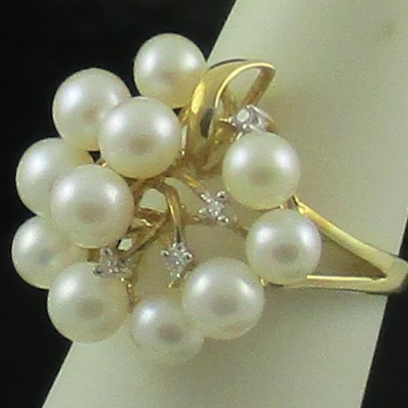 14K Gold Cultured Freshwater Pearl & Diamond Spray Ring - Size 5 - Picture 3 of 7